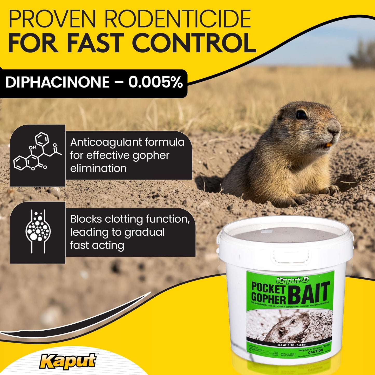 Kaput-D Pocket Gopher Bait - Ready-to-Use Wheat Grains for Effective Rodent Bait, Perfect for Residential & Agricultural Use - Diphacinone Formula for Lawn, Turf & Crop Areas (5 lbs)