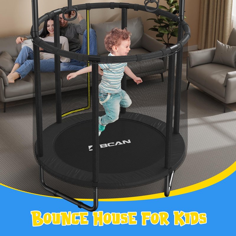 BCAN 55" Trampoline for Kids with Thickened Enclosure Net, Toddler Trampoline Indoor/Outdoor with Adjustable Gymnastics Bars & Basketball Hoop,Gifts for Boys & Girls Ages 1 to 8