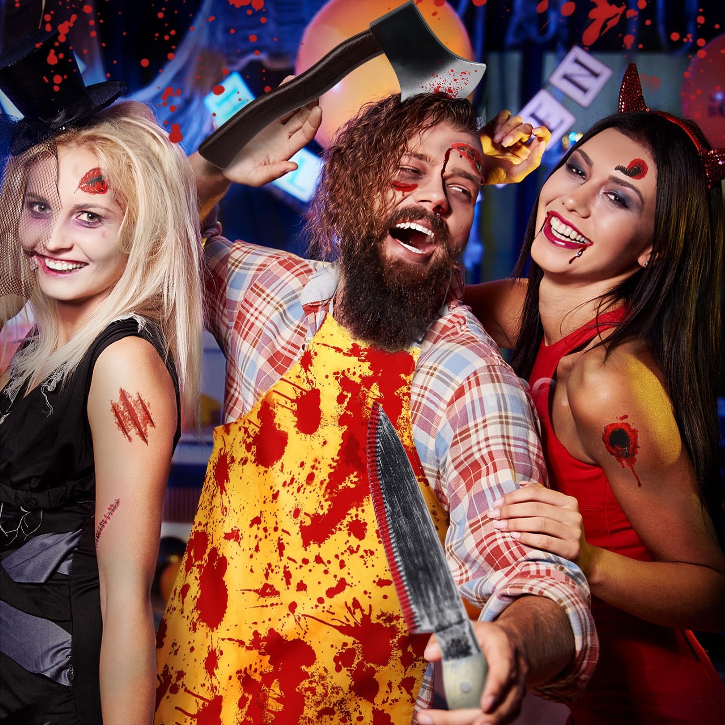 Halloween Bloody Butcher Costumes Set- Waterproof Bloody Apron with Axe Headband Butcher Knife Temporary Tattoos, Terrifying Role Play for Men Costume Party Carnival Prop Accessories (Yellow)