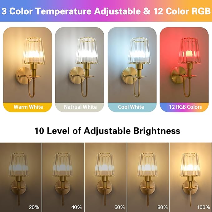 Battery Operated Wall Sconces set of Two,Wireless Wall Sconces with 5000 mAh Bulb and Remote,LED 15 Colors Rechargeable Gold Wall Sconce with Crystal for Bedroom Living Room Hallway Wall Decor