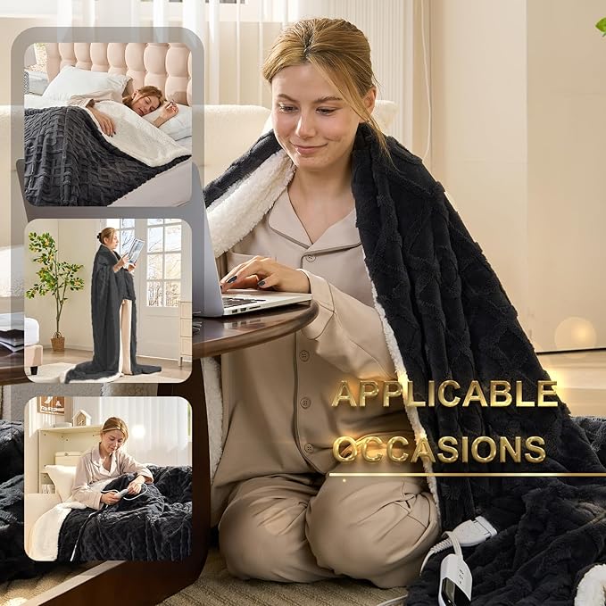 Heated Blanket Electric Throw 50 x 60 with 6 Heat Levels & 4 Hours Auto-Off，Soft&Warm Faux Rabbit Fur Fast Heating Blanket for Couch Home Office with Overheating Protection & ETL Certified(Dark Gray)