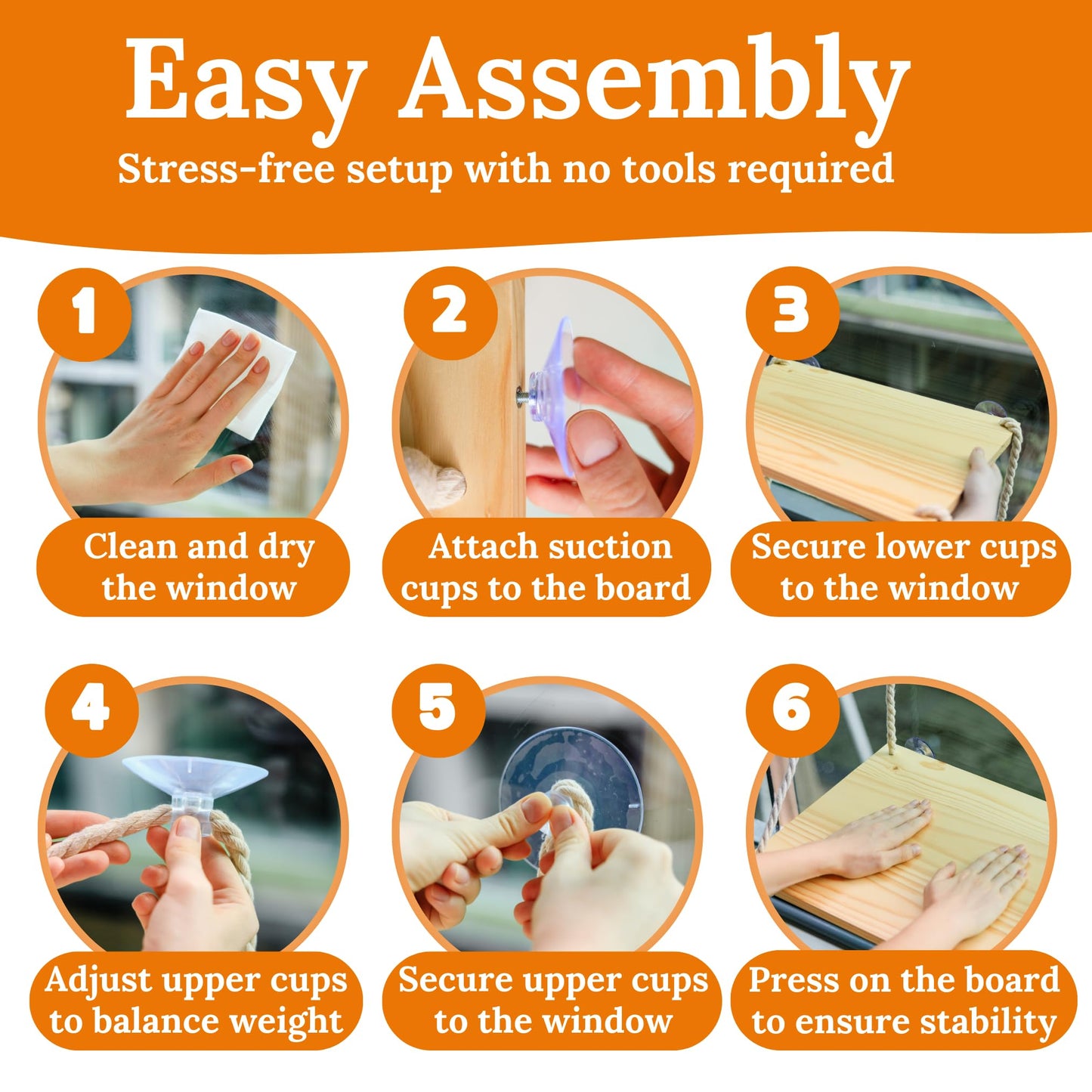 Cat Window Perch - Hammock Bed for Cats Inside - Solid Wood Seat, 4 Strong Suction Cups, Soft Cushion - Rustic Indoor Pet Shelf