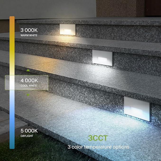 ASD LED Recessed Step Light Fixture, Outdoor & Indoor Stair Tread Lighting | 3CCT, Dimmable, Waterproof, ETL Listed | 3W 120LM 3000K-5000K 120V | Staircase Hardwired Illumination | White, 24 Pack