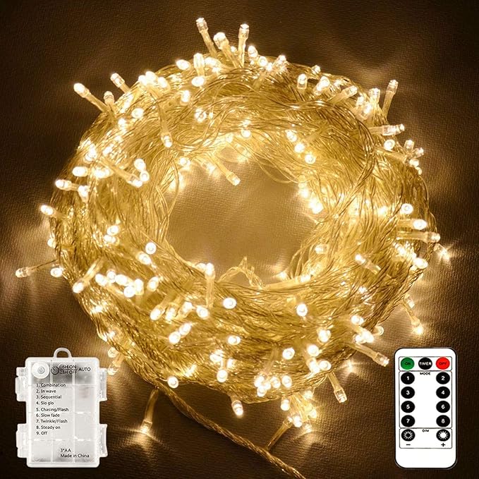 echosari String Lights Battery Powered, 33Ft 100 LED Fairy Lights Warm White Outdoor Christmas String Lights with Remote Dimmable Timer 8 Modes for Wedding Party Garden Decoration