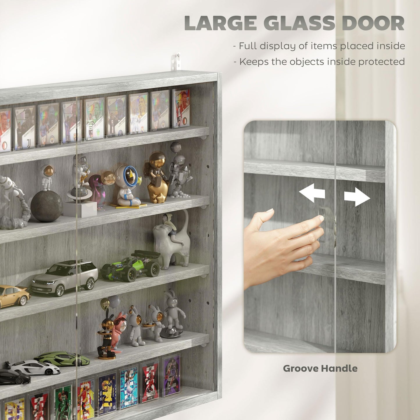 HOMCOM 5-Tier Display Cabinet, Glass Door Cabinet with Adjustable Shelves, Wall-Mounted Display Case for Playroom, Bedroom, Gray