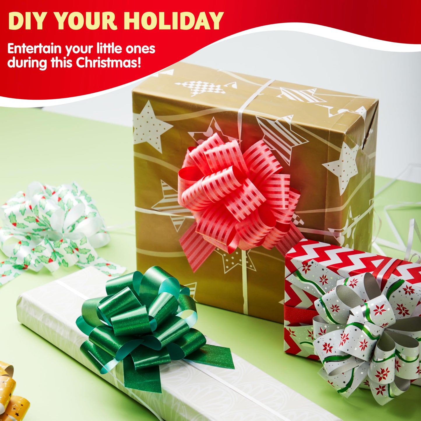 JOYIN 24 PCS Christmas Wrap Ribbon Pull Bows (5" Wide); Easy and Fast Gift Wrapping Accessory for Presents, Bows, Baskets, Wine Bottles Decoration, Xmas Gift Wrapping and Decoration Present