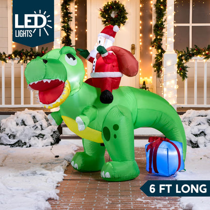 Joiedomi 6 FT Long Christmas Inflatable Dinosaur Outdoor Decoration, Inflatable Santa Riding Dinosaur with Build-in LEDs, Christmas Blow Up Yard Decoration for Xmas Party Garden Lawn Winter Décor