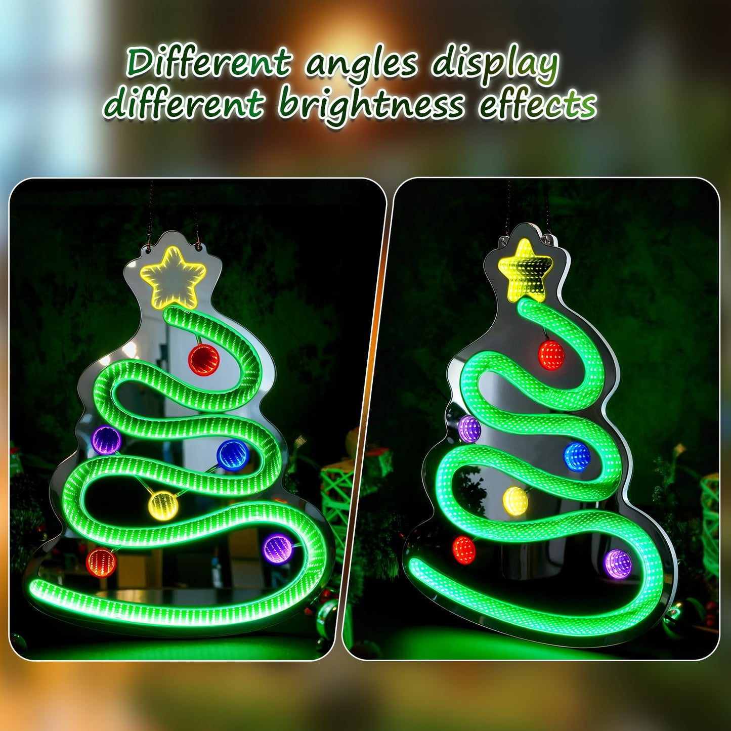 FITNATE 3D Infinity Mirror Light Christmas Tree LED Sign, 19.7x15.4 Inch Wall Decor with 10 Brightness Modes, Holiday Light Up Decoration for Home, Christmas Party