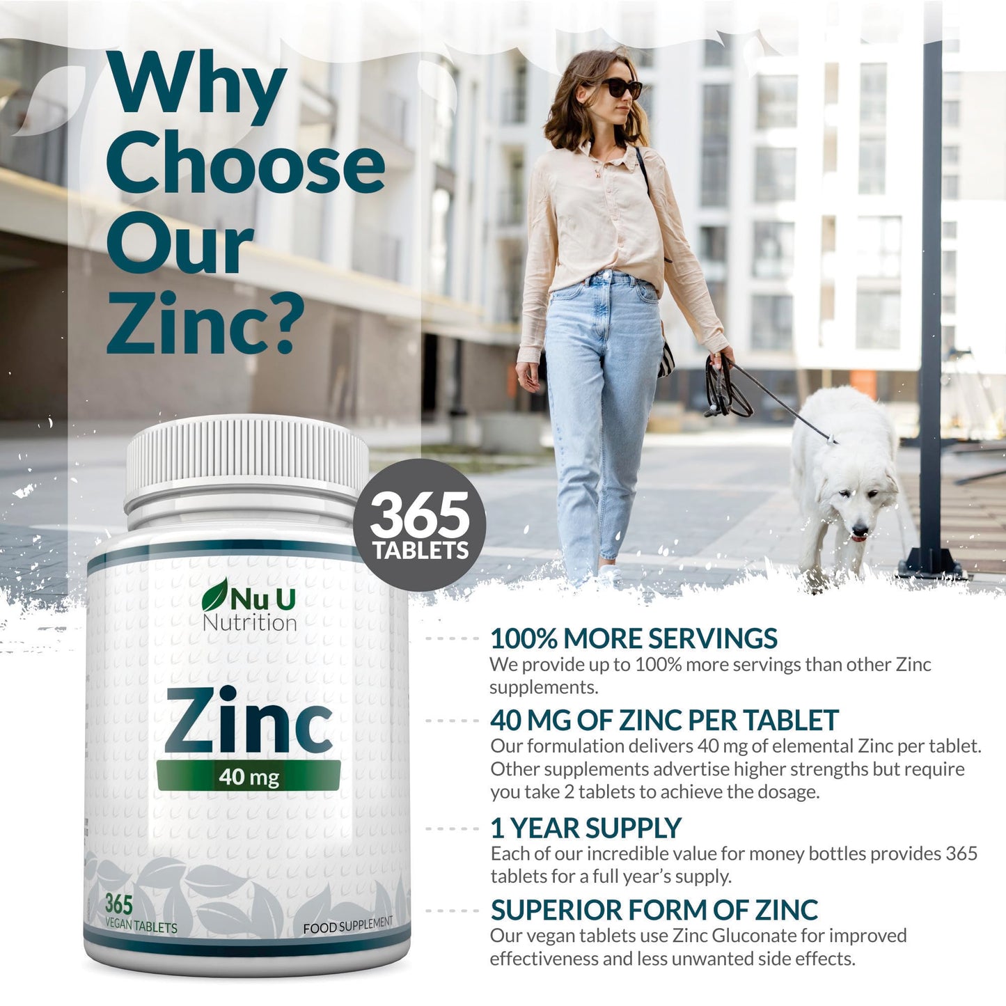 Zinc Tablets 40mg - 365 Vegan Tablets - 1 Year Supply - 1 a Day - Easy to Swallow Zink Gluconate - Supplement for Men & Women - Made in The UK - Nu U Nutrition