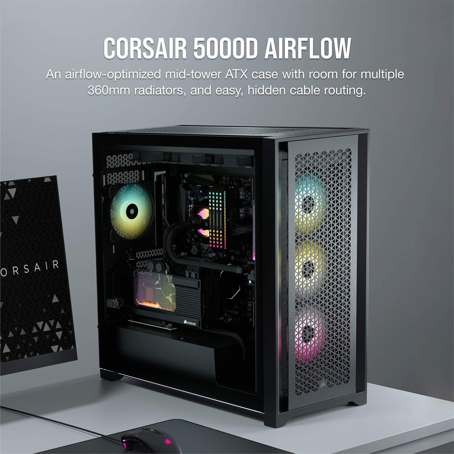 Corsair 5000D Airflow Tempered Glass Mid-Tower ATX Case (High-Airflow Front Panel, Corsair RapidRoute Cable Management System, Two Included 120mm Fans, Motherboard Tray with Fan Mounts) Black