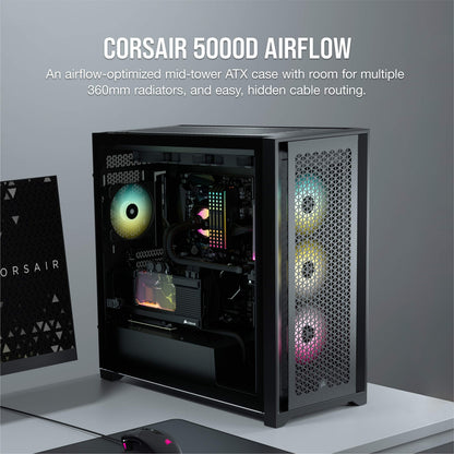 Corsair 5000D Airflow Tempered Glass Mid-Tower ATX Case (High-Airflow Front Panel, Corsair RapidRoute Cable Management System, Two Included 120mm Fans, Motherboard Tray with Fan Mounts) Black