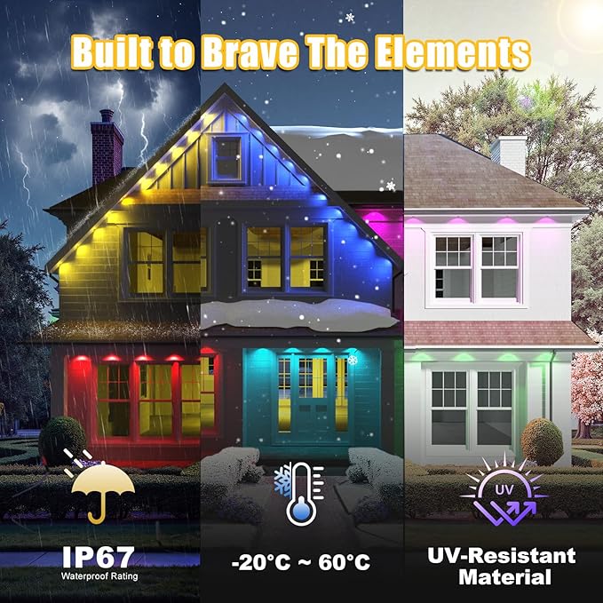 Permanent Outdoor Lights, 150ft RGB+IC Outside Lights for House, IP67 Waterproof Smart Outdoor Decorations with App/Remote Control for Halloween, Christmas, Holiday, Daily, Party
