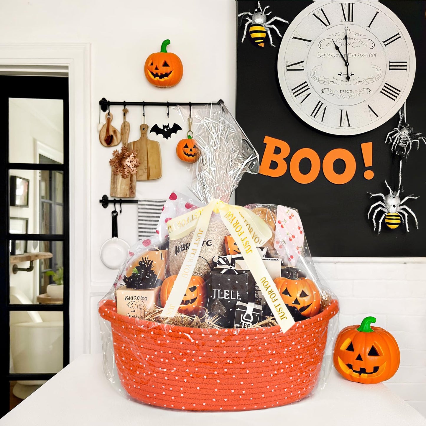 CHICVITA Halloween Basket for Gifts, Boo Basket for Gift Empty, Rope Decorative Baskets with Gift Bags & Ribbon for Baby Girl, 12"x 8"x 5"