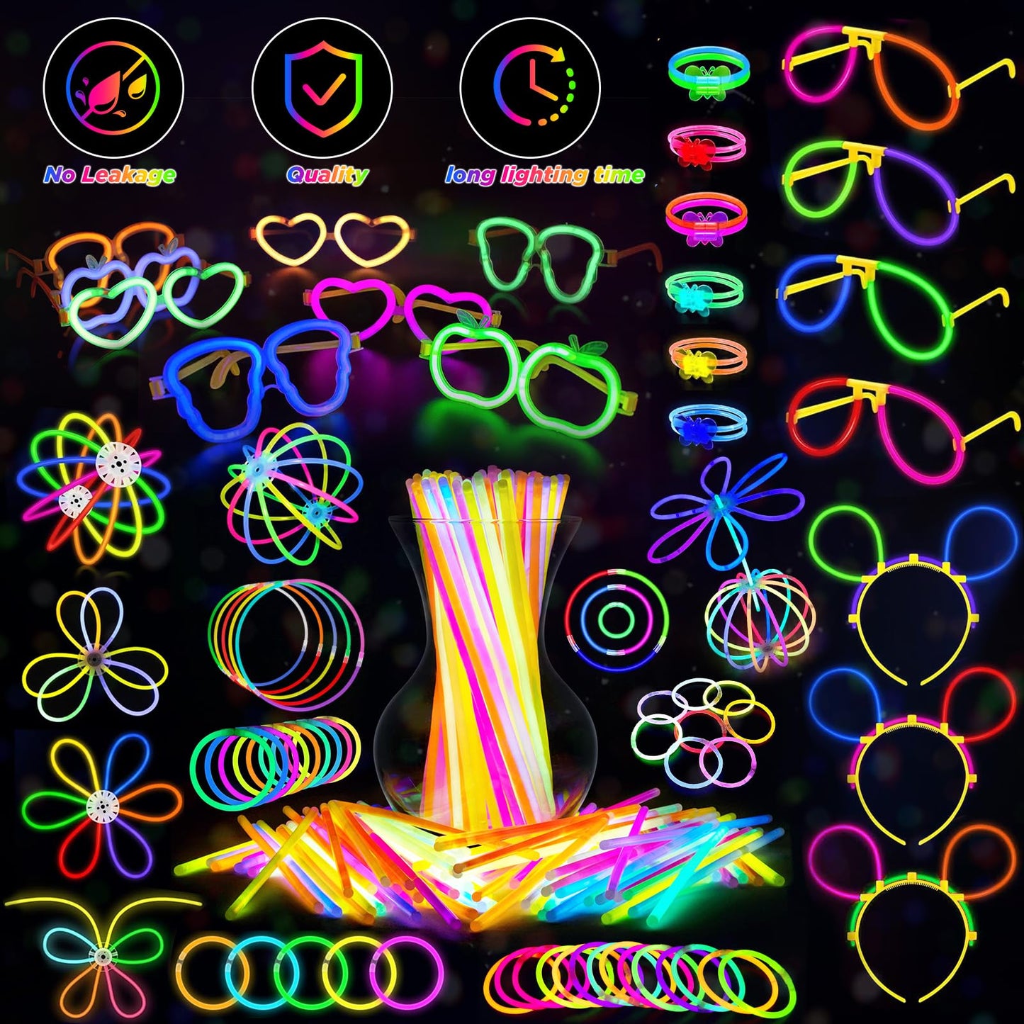 SHQDD Glow in the Dark Party Favors for Adults Kids, 27 Carnival Accessories, 56 LED Light Up Toys Bulk, 100 Glow Sticks Party Pack, Neon Party Supplies & Decorations