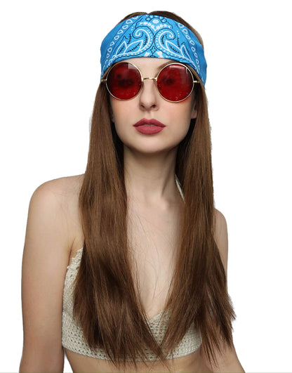 ALLAURA Compatible with Janis Joplin Wig – 3pc Long Brown Hippie Wig Costume Set with Bandana & Glasses – 60s 70s Unisex Hippy Look for Men & Women, Retro Festival Style, Halloween, Music Icon Cosplay