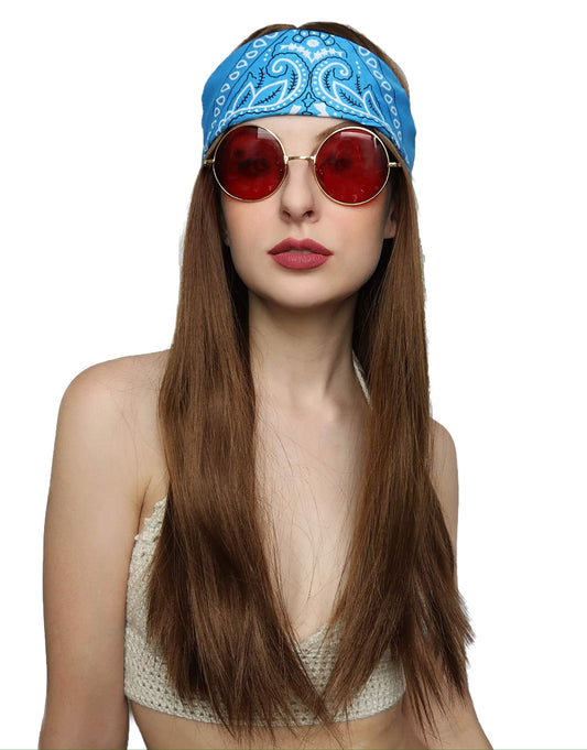 ALLAURA Compatible with Janis Joplin Wig – 3pc Long Brown Hippie Wig Costume Set with Bandana & Glasses – 60s 70s Unisex Hippy Look for Men & Women, Retro Festival Style, Halloween, Music Icon Cosplay