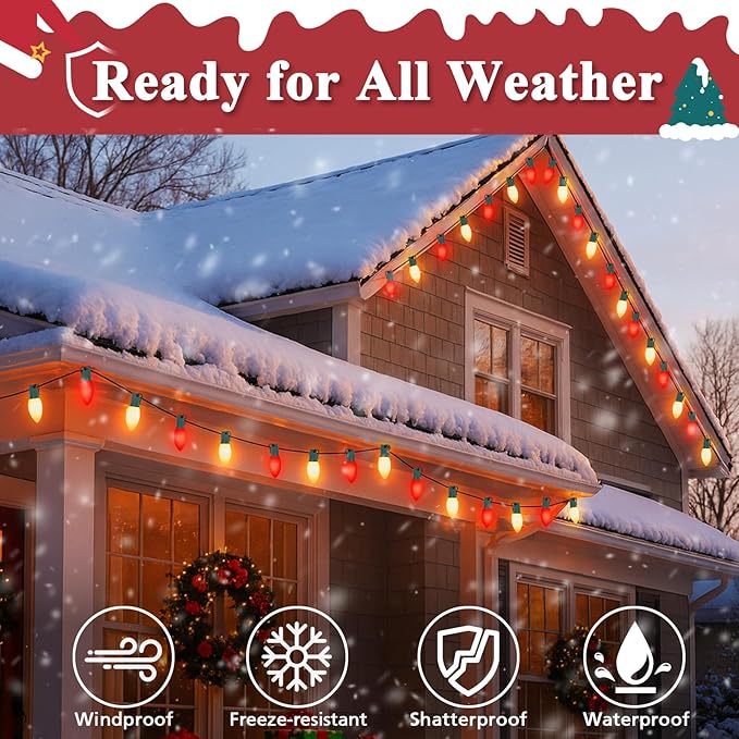 C9 Christmas Lights Outdoor, 100FT 100LED string Lights Waterproof Shatterproof, Extendable C9 Xmas Lights, Indoor Outdoor Christmas String Light for House Roof Patio Garden Party(Red & Warm White)