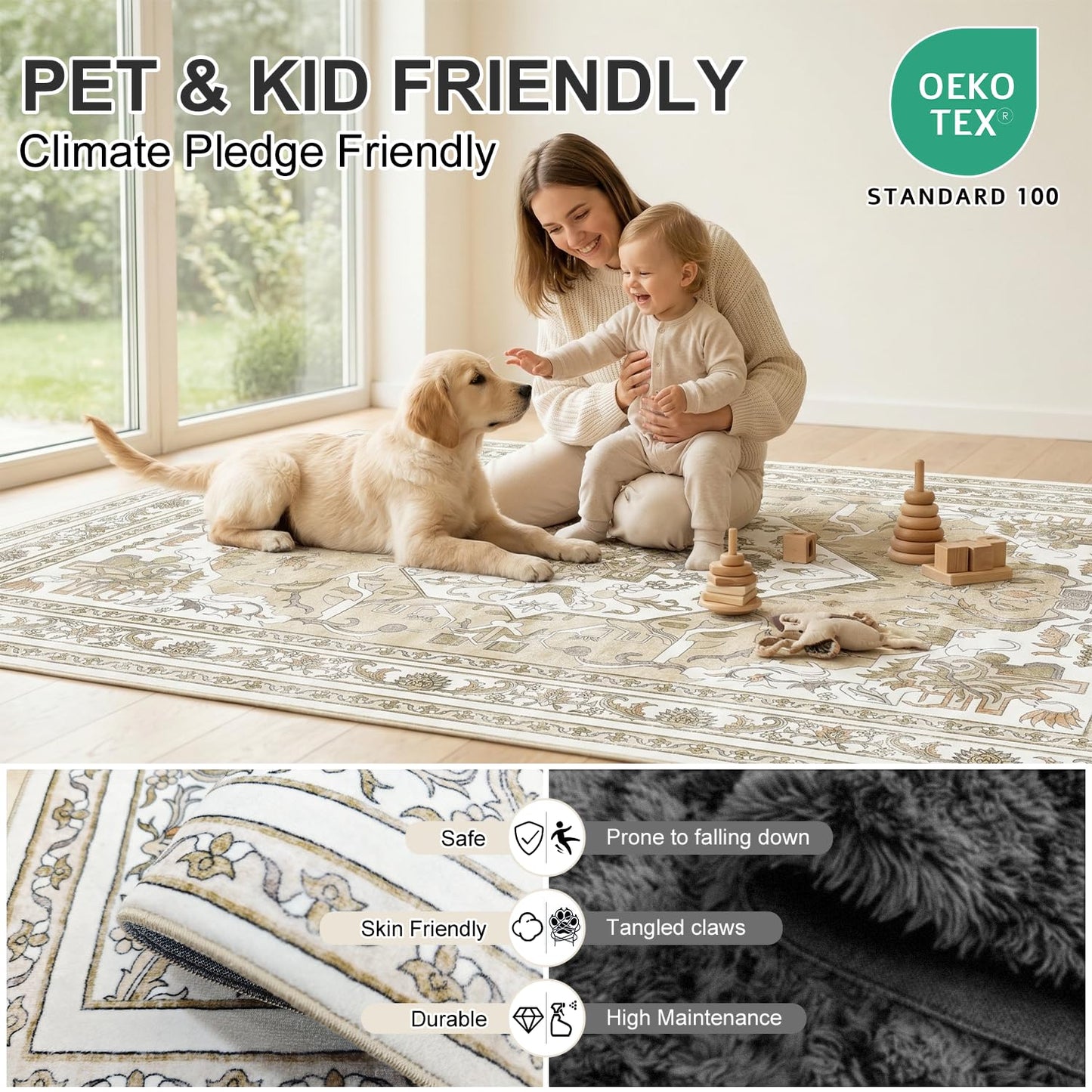 Cnythlis Large Washable Area Rug 8'x10' for Living Room, Water-Resistant, Non Slip Distressed Traditional Medallion Style Rug for Bedroom, 0.26" Low Pile, Pet Friendly Soft Faux Wool, Beige & Ivory