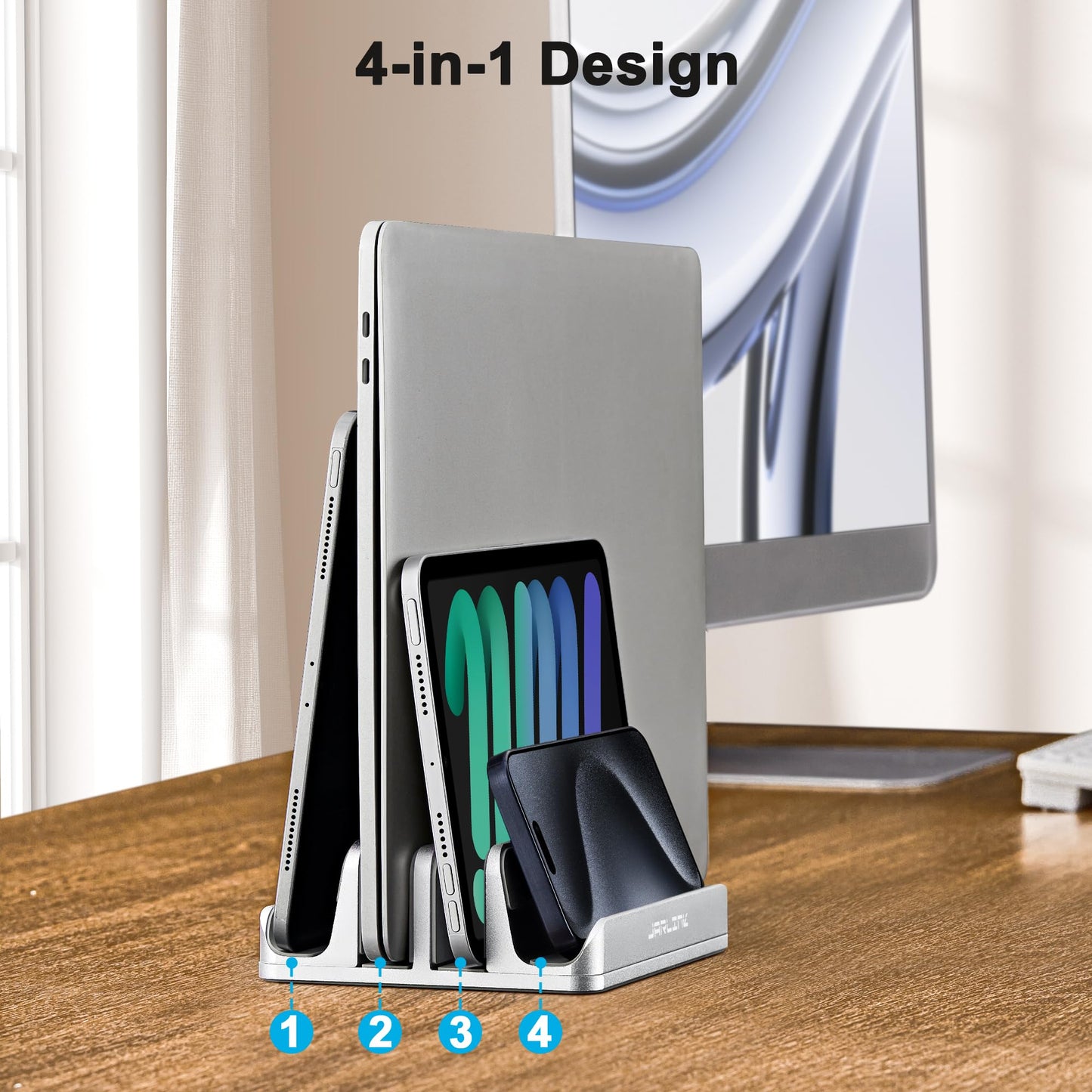 JARLINK 4-in-1 Adjustable Vertical Laptop Stand Holder, Aluminum Dual Slots Laptop Rack for Desk, Space-Saving Organizer for All MacBook, Surface, Chromebook, and Gaming Laptops (Silver)