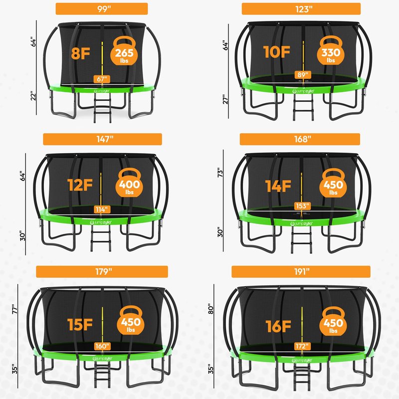 JUMPZYLLA Trampoline Outdoor 8FT 10FT 12FT 14FT 15FT 16FT with Enclosure and Ladder, ASTM Approved Recreational Trampoline for Kids and Adults, Anti-Rust Coated Frame (Green, 16FT)