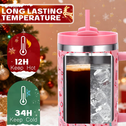 Skywerc Christmas Gifts for Women Mom Daughter, 40 oz Christmas Tumbler with Handle and Straw Lid, Xmas Stainless Steel Insulated Travel Mug, Keep Cold for 34 Hours (Red Santa & Deer)