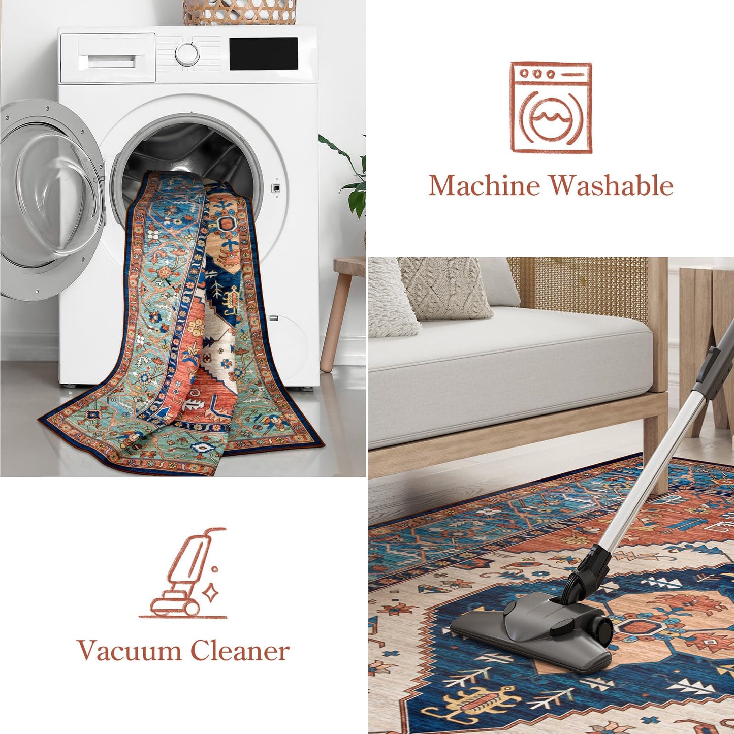 Lahome Area Rugs 9x12 Living Room - Boho Non-Slip Washable Rug Ultra-Thin Stain Resistant Large Carpet Throw Non Shedding Dining Room Mat, Oriental Print Carpet for Bedroom Adelyn (Rust, 9'x12')