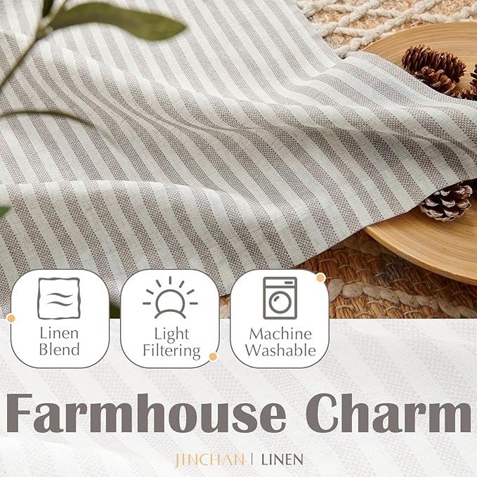 jinchan Striped Linen Kitchen Curtains 30 Inches Tier Curtains Farmhouse Modern Cafe Style Small Window Treatments Airy Light Filtering Rod Pocket for Living Room Bathroom 2 Panels Taupe Grey
