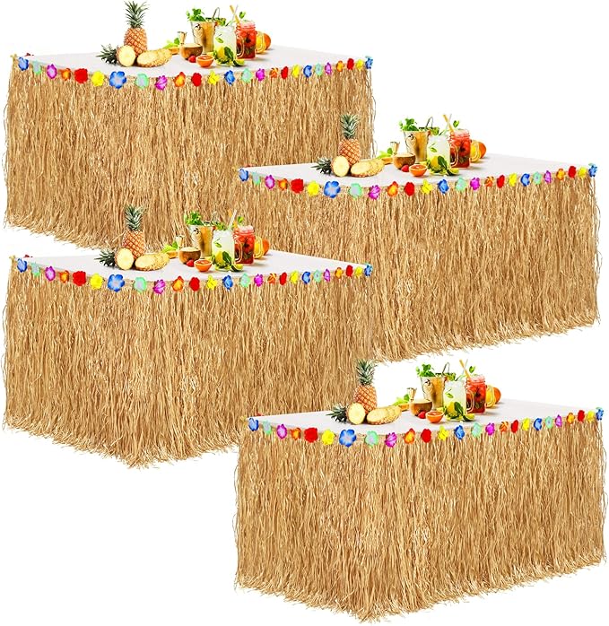 Aodaer 4 Pack Thickened Grass Table Skirt Natural with Hibiscus Flowers 400g Hawaiian Luau Tropical Party Decor Fringe Party Decoration for Costume Tiki Tropical Hawaii Moana Birthday, Straw Yellow