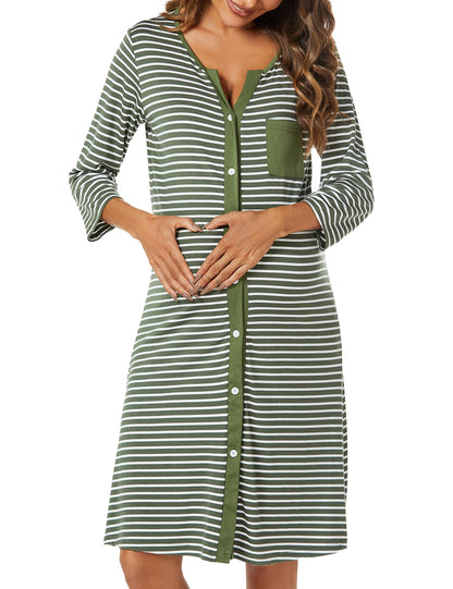 Marvmys Maternity Nightdress For Hospital Breastfeeding Nightwear 3/4 Length Sleeves Nursing Nightgown Button Down Sleep Shirt V Neck Pajama Soft Loungwear For Pregnant Women A-Green M