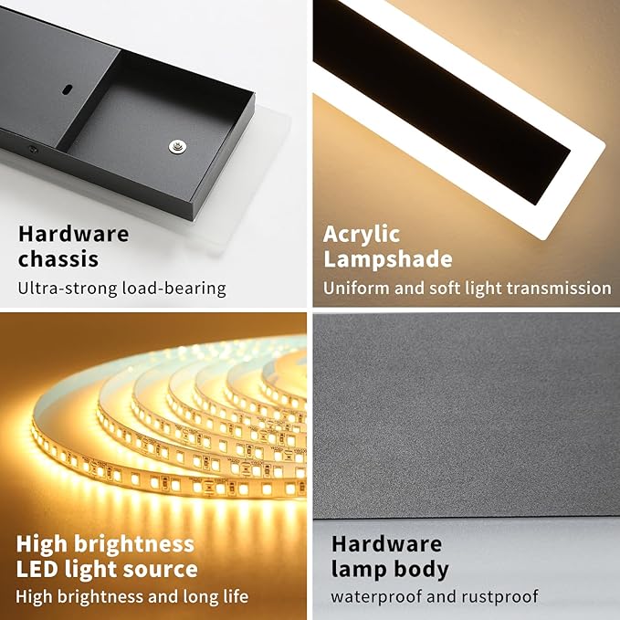 Upgrade Widened 2 Pack LED Outdoor Wall Lights, 57inch Modern Lighting Fixture, 3000K Warm White, IP65 Waterproof, 50W, White Acrylic, Black Minimalist Wall Mount Sconce for Balcony, Yard, Fence