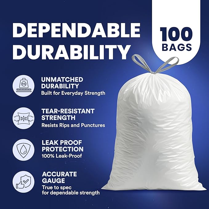 Plasticplace 6 Gallon Trash Bags White Drawstring Garbage Can Liners, 17” x 20”