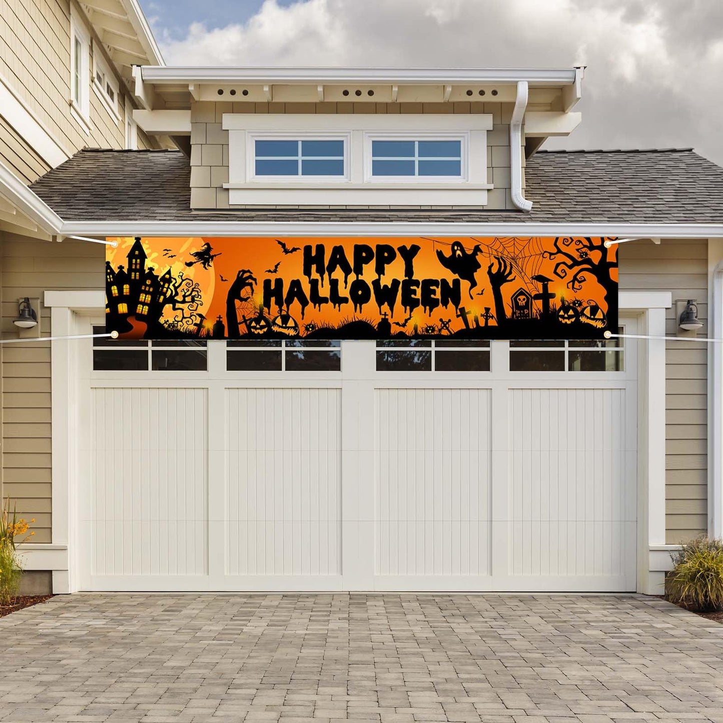 Avezano Happy Halloween Banner Large 98.4 x19.6 Inch Yard Sign Banner Black and Orange Halloween Party Decorations Welcome Hanging Flag Outdoor Fence Garage Garden Porch Holiday Backdrop