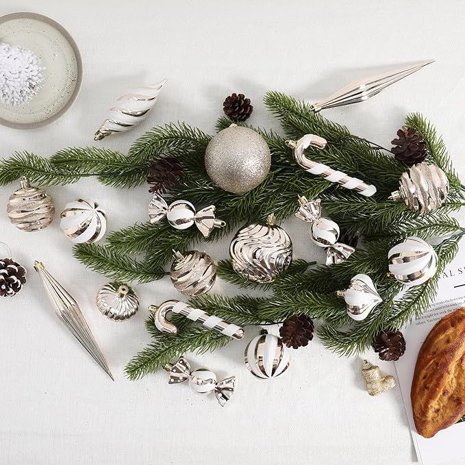 Christmas Ball Ornaments Set Shatterproof Christmas Tree Ornaments 24 PCS Painted Shaped Styles Xmas Tree for Holiday Decor,Champagne
