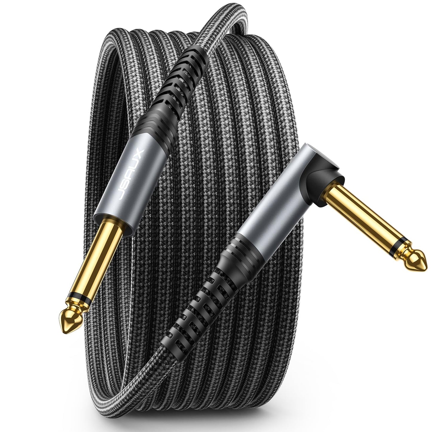 JSAUX Guitar Cable 10 ft, Amp Cord for Electric Guitar/Mandolin/Bass, Pro Audio Instrument Cable with 1/4" Tips(TS Port) Right Angle to Straight-Gray