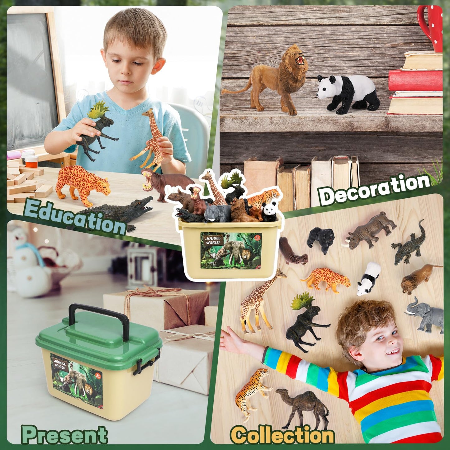 FRUSE Safari Animals Figures Toys with 145x98cm Jumbo Play Mat,12PCS Jungle Zoo Animals Playset with Lion,Elephant,Educational Learning Toys for Kids