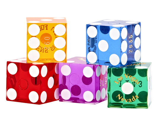 Authentic Las Vegas Casino Used Dice Set - 5 Assorted Colored Professional Grade Gaming Dice with Serial Numbers - 6-Sided, Large, 19mm - Great for Farkle, Bunco, Yahtzee, Liars Dice & Casino Games