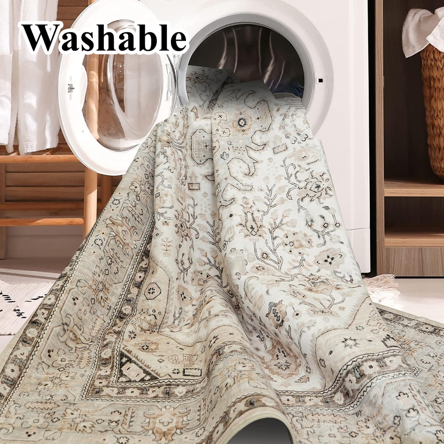 HILORUUG 4x5 Rug Entryway Washable: Non-Slip Oriental Area Rug for Bathroom Kitchen- Farmhouse Low Pile Stain Resistant Carpet Long Thin Front Door Mat (4x5 Ivory/Grey/Multi)