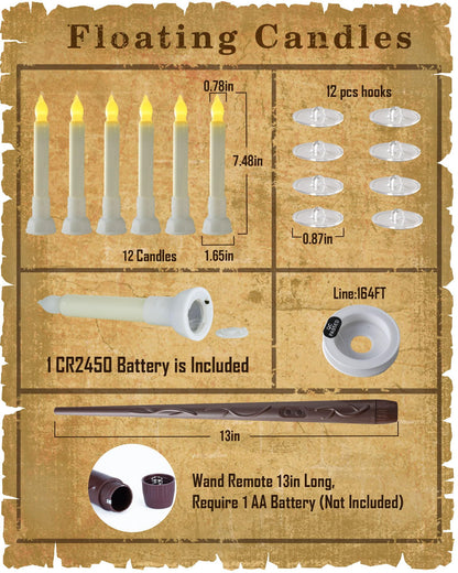 Amagic Batteries Included Floating Candles with Wand Remote, 12pcs Flickering Warm Light Flameless Taper Candles, Magic Hanging Candles with Base for Birthday Party, Halloween Decorations