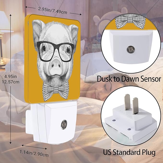 Pig with Glasses Night Light, Bow Tie Plug into Wall with Dusk to Dawn Light Sensors, Warm Nightlights for Bedroom, Bathroom, Hallway, Kitchen, Gifts Ideal for Boys Girls Women Men