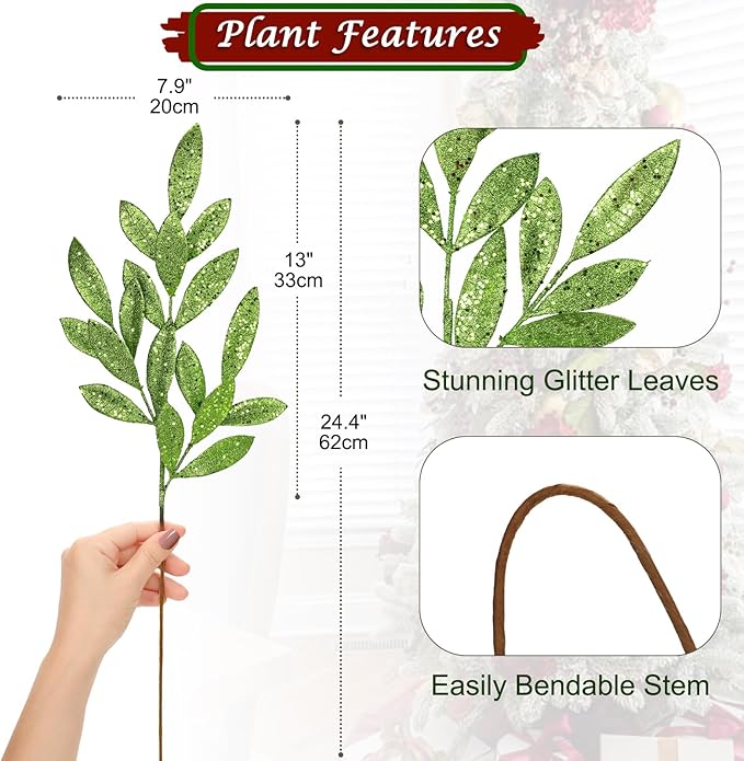 DILATATA 6Pcs Christmas Glitter Leaves Bay Leaves Spray 24" Artificial Green Bay Leaf Picks Sprays Giltter Stems for Halloween Centerpiece Christmas Home Decor Home Decor - Green