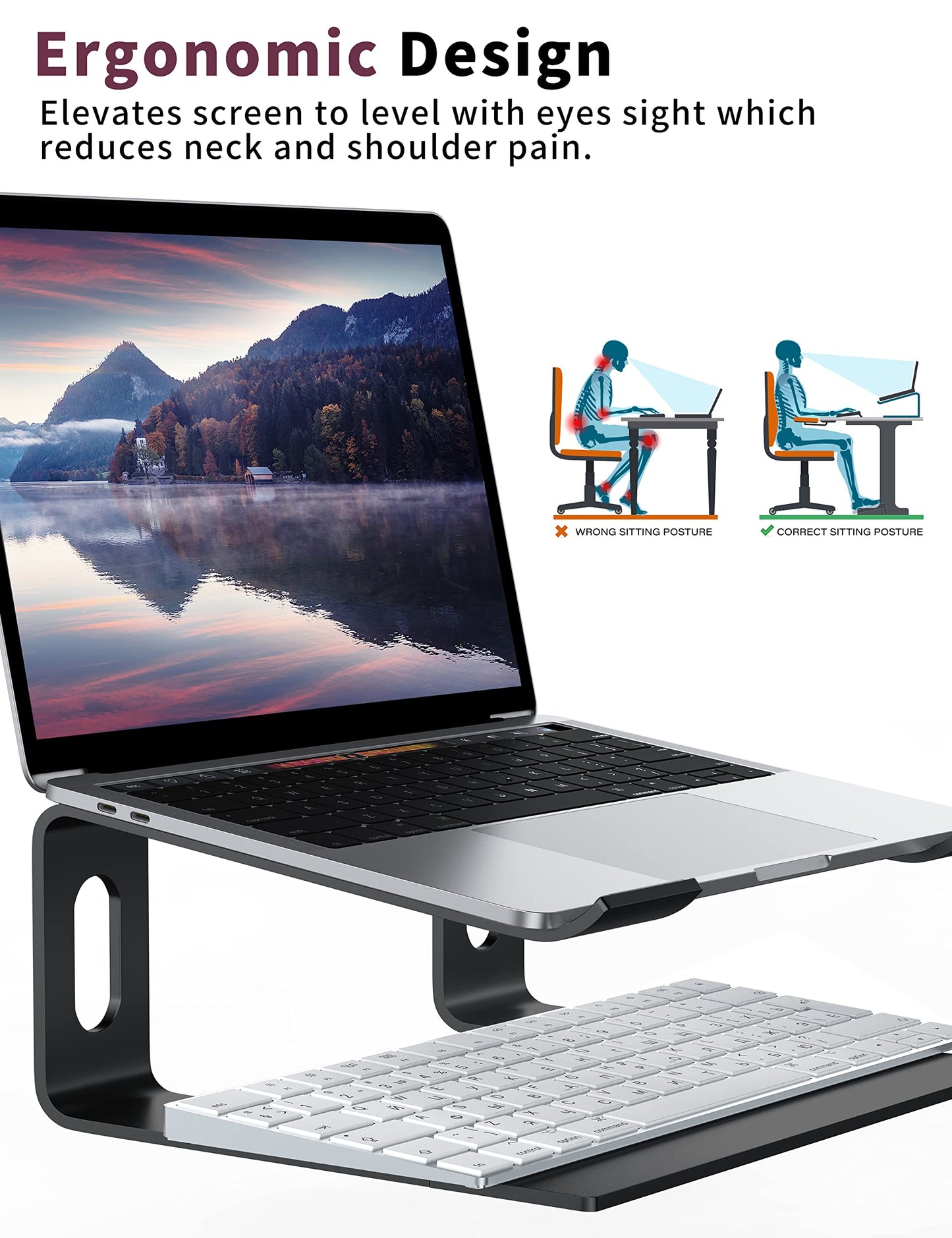 ALASHI Laptop Stand for Desk, Aluminum Computer Riser, Ergonomic Notebook Holder, Detachable Metal Laptops Elevator, PC Cooling Mount Support 10 to 15.6 Inches Notebook, Black