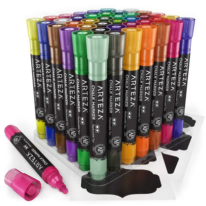 ARTEZA Liquid Chalk Pens, 42 Unique Colours, Includes 50 Chalkboard Labels and Replaceable Tips, Water-Soluble Chalk Pens for Blackboards and Windows