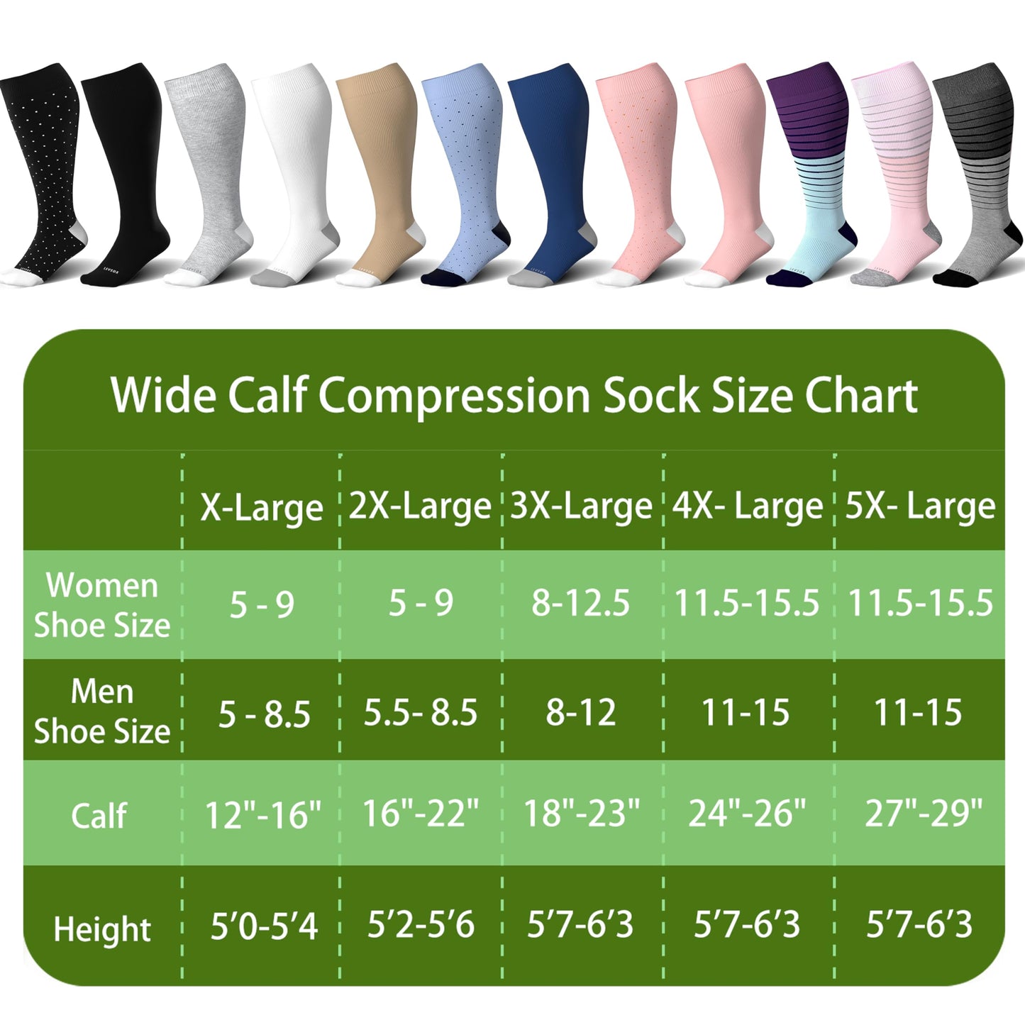 LEVSOX Bamboo Plus Size Compression Socks for Women Men Wide Calf 15-20mmHg Knee High for Pregnancy, Nurse, Travel, 3 Pair-polkadots, 3XL