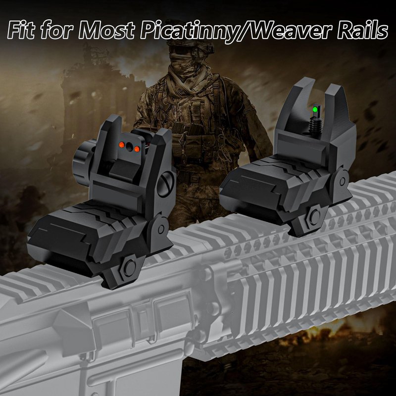 JORMIX Folding Fiber Optic Sights Flip Up Sights Front and Rear Back up Sights for Picatinny Weaver Rails with Red Green Full Dots Polymer (Front Green+Back Red)