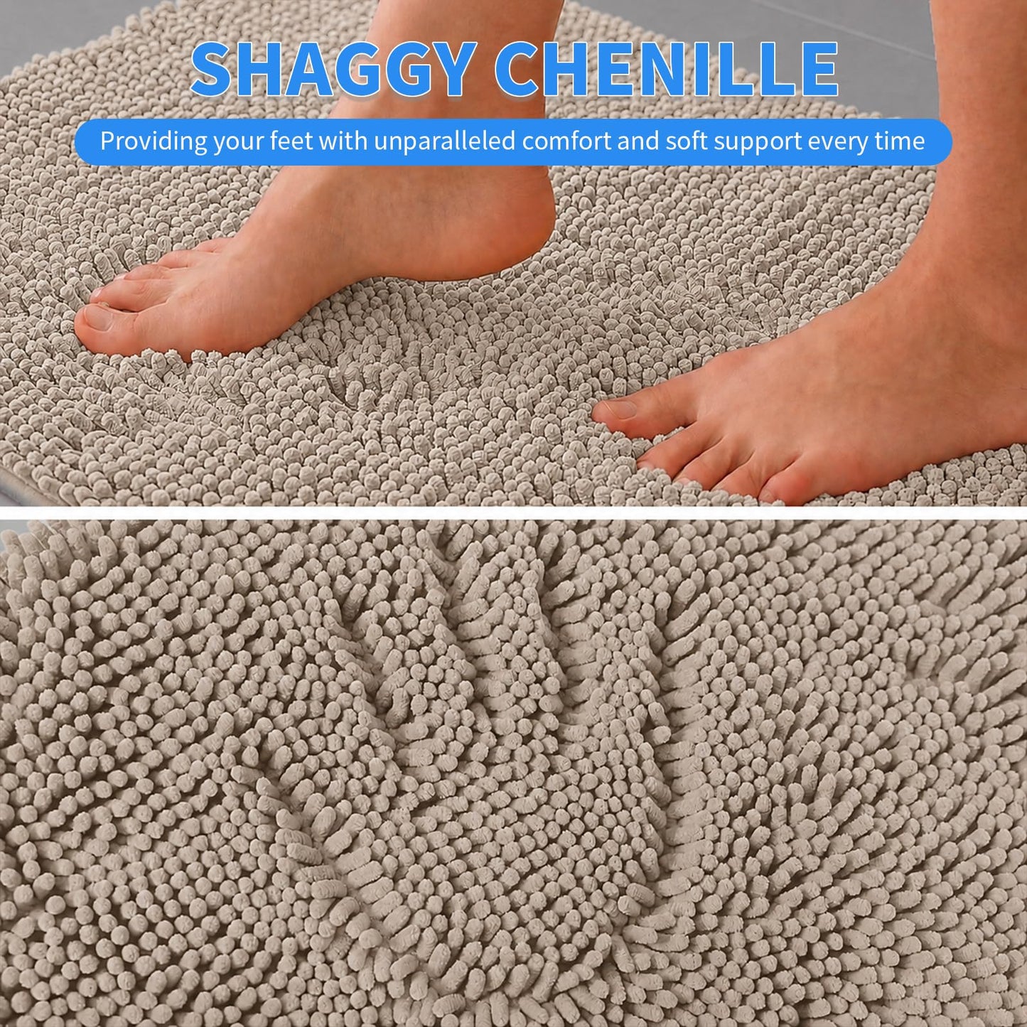 Avrilo Plush Chenille Bath Rugs Extra Soft and Absorbent Microfiber Bath Mat for Tub/Bedroom/Doorway/Kitchen/Balcony, 24" x 16", Beige