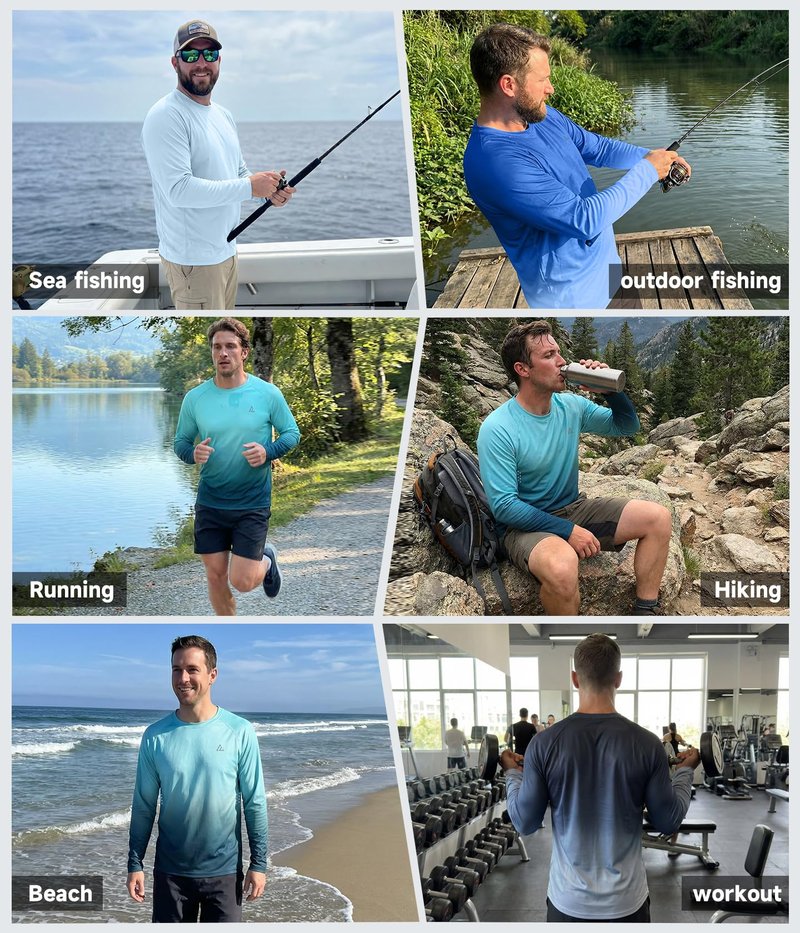 Mens UPF 50+ Long Sleeve Sun Shirts Fishing Rash Guard Uv Protection L