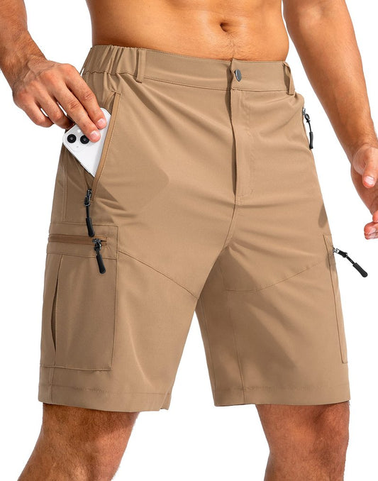 Pudolla Men's Hiking Cargo Shorts 9" Lightweight Outdoor Work Shorts for Men Travel Golf Camping Casual with 5 Zipper Pockets(Dark Khaki Medium)