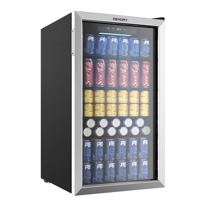 EUHOMY Beverage Refrigerator Cooler, 130 Can Mini Fridge with Glass Door for Soda Beer or Wine, Beverage Cooler for Home, Office, Bar with Adjustable Removable Shelves, Silver