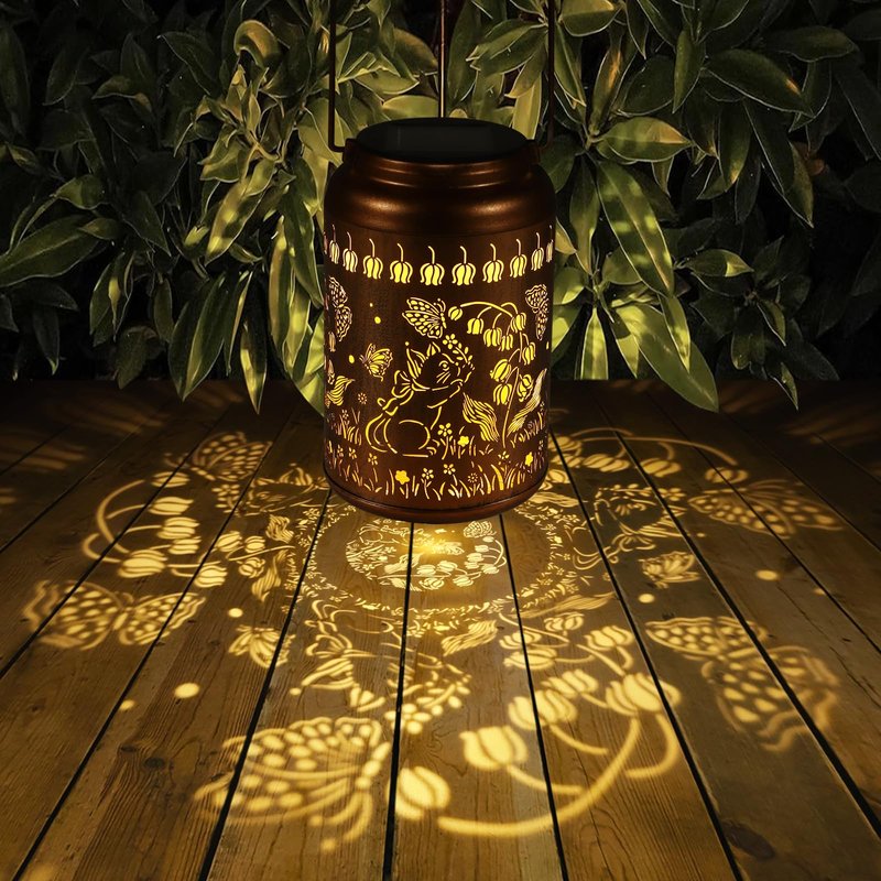 Solar Lanterns Outdoor Waterproof Hummingbird Garden Decor Gifts for Women Mom Grandma Hanging Lights Metal Decoration Outside for Yard, Patio,Backyard,Porch(Cat and Butterfly)