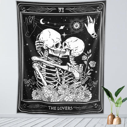 KJHL The Lovers Skull Wall Tapestry Black and White Skeleton Tapestry Gothic Room Decor Witchy Tapestries Aesthetic Wall Hanging for Bedroom Living Room 60" x 44"